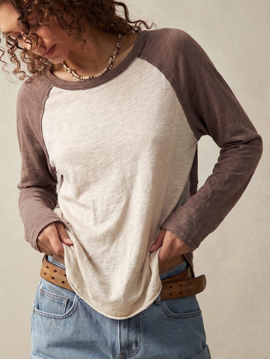 Bohemela Casual Solid Color Knit Patchwork Crew Neck Long Sleeve Women's T-Shirt - Multicolor - View 1