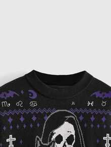 ROMWE Halloween Dark Gothic Skull Mysterious Black Cat Cross Jacquard Loose Fit Plus Size Pullover Sweater - Black - View 3