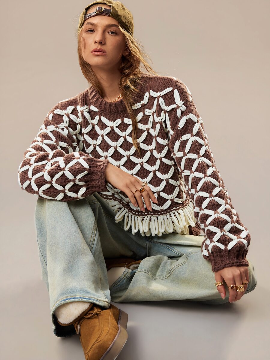 SoleilVie Sweater Leher Bulat Rumbai Jacquard Argyle Colorblock Maillard - Coffee Brown - View 1