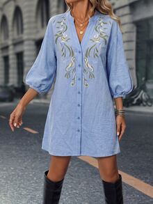 OPHERINE Autumn New Women's Embroidered Dress, Elegant Vacation Dress - Blue - View 5