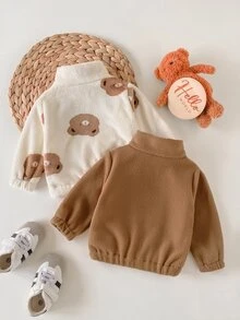 SHEIN 2pcs Newborn Baby Boys Girls Sherpa Fleece Coat Cute Sweet Beige Brown Bear Print Teddy Long Sleeve Zip Up Thick Fuzzy Outdoor Winter Halloween Autumn - Brown - View 2