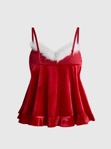 ROMWE Autumn/Winter Christmas Party Sweet Red Plush Fur Trim Decorated Women's Vest - Red - View 2