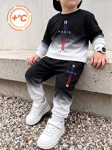 2pcs Boys Fall Style Black White Color Block Gradient PARIS Letter Print Long Sleeve Sweatshirt & Pants Set Casual Fashion Autumn Winter - Blue - View 1