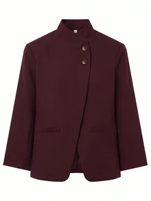 Lavishia Women's Elegant Asymmetric Burgundy Red New Style Summer/ Commuter Fashion High Neck Button Decor Blazer,Casual Blazer Outfits Office Business - Red Violet - View 6