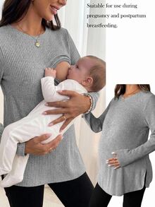 SHEIN 孕婦純色圓領長袖羅紋休閒哺乳T恤 秋季 - 淺灰色 - 查看 1