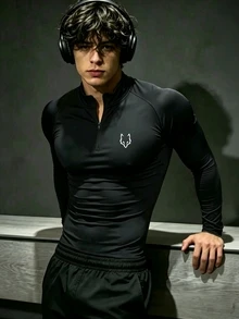 Sport MetroGents 男士卡通印花拉鍊半開襟運動T恤 - 黑色 - 查看 4