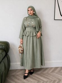 Solavon Plus Size Women's Floral Embroidered Waist-Cinching Blouse And Skirt Casual 2 Pieces Set - Green - View 5