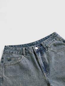 ROMWE Grunge Punk 夏季復古中性街頭龐克蜘蛛網刺繡寬鬆寬腿女款牛仔中長褲 - 中等水洗藍 - 查看 5