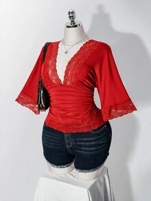 SHEIN ICON 女款大尺碼復古性感千禧風Y2K簡約休閒優雅通勤都市現代蕾絲P - 紅色 - 查看 6