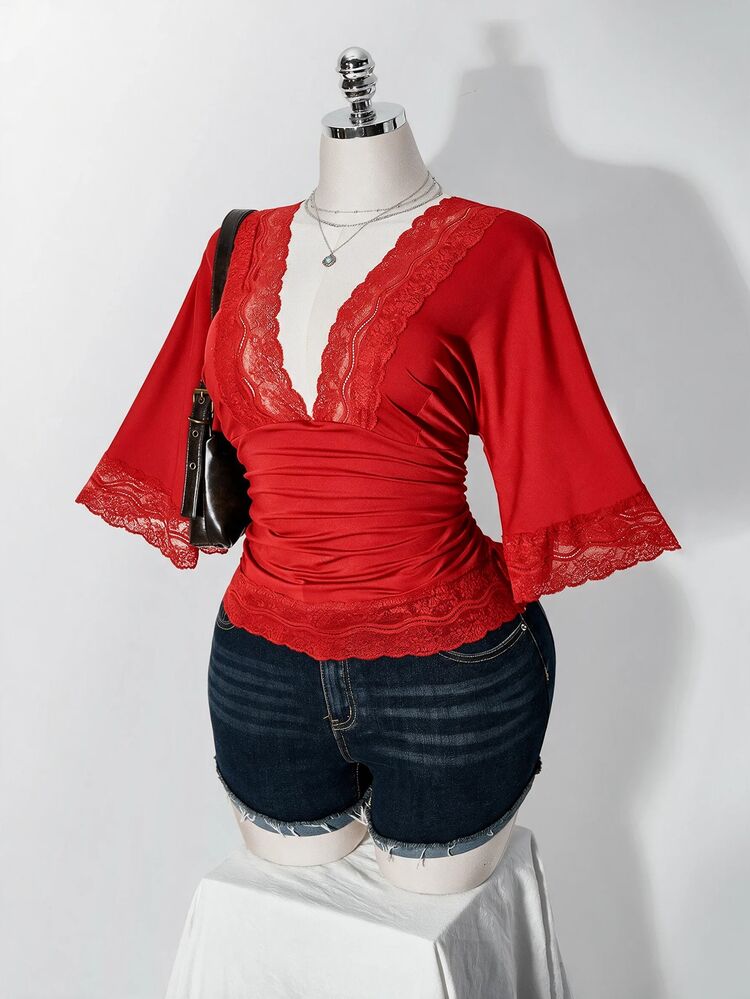 SHEIN ICON Women's Plus Size Retro Sexy Millennial Style Y2K Simple Casual Elegant Commuter Urban Modern Lace P - Red - View 6