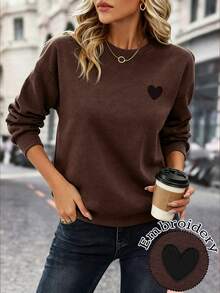 SHEIN LUNE 女款棕色運動衫，成熟戶外上衣，愛心刺繡，秋冬熱銷款，送給母親的禮物 - 咖啡棕 - 查看 1