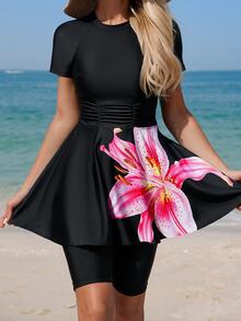 Swim Shayni Women's Summer Vacation Short Sleeve Sun Protection Conservative Swimwear, Lily Print Skirt Tankini, Tummy Control Ruched High Waist Tankini Bottom 2 Pieces Swimsuit Beach Wear - Black - View 5