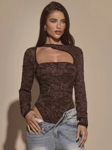 SHEIN BAE بودي نسائي بني سادة مزين بالترتر بكتف غير متماثل وأكمام طويلة من الدانتيل والشبك، بودي دانتيل بني للربيع والصيف - بني - مشاهدة 1