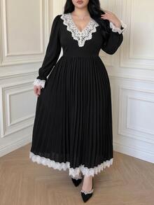 Vibekara Plus Size Women's Lace Patchwork Pleated Elegant Waist-Cinching Party Dress Fall - Black - View 6