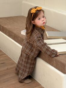 Dazy Kids Infant (Girl) Plaid Collar Long Sleeve Shirt And Long Pants 2 Pieces Set Loungewear Fall - Coffee Brown - View 2