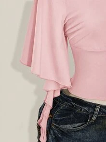 SHEIN ICON 女款甜美時尚收腰百褶V領T恤 - 粉色 - 查看 10