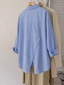 SHEIN CURVE+ 大尺碼休閒通勤條紋襯衫 - 水鴨藍 - 查看 5