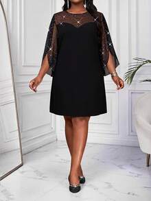 SHEIN Lady CURVE Plus Size Women's Patchwork Rhinestone Mesh 3/4 Sleeve Elegant Dress - Black - View 4