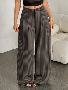 SHEIN Tall 女款休閒通勤條紋寬腿長褲 - 咖啡棕 - 查看 7