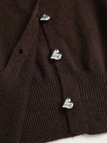 Sweetra Brown Casual Fashion Commute Minimalist Cute Heart Button Round Neck Knit Cardigan For Women - Coffee Brown - View 4