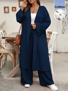 Auvina 2026新款大尺碼純棉長版開襟外套與寬鬆長褲休閒女裝兩件套，秋冬款 - 藏蓝色 - 查看 6