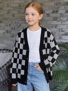 DAZY Tween Girl) Plaid Colorblock Loose Cardigan Casual Sweater Autumn/Winter Long Sleeve Open Front Jacket - Dark Grey - View 8