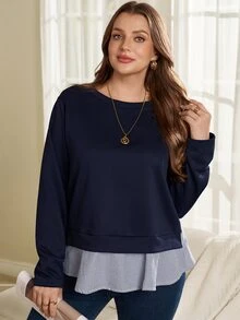 Rosumi Plus Size Women's Striped Faux Two-Piece Patchwork Casual Versatile Daily Wear Sweatshirt Winter Clothes Winter Clothes Fall Winter 2026 - Multicolor - View 3