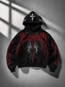 ROMWE MEN Street Life Dark Gothic Print Loose Fit Hoodie - Black - View 1