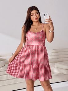 Solflare Plus Size Plaid Ruffle Hem Cami Dress - Red and White - View 4
