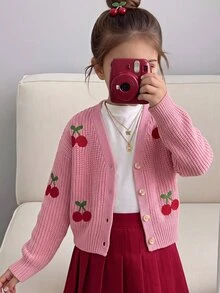 SHEIN 女童櫻桃圖案長袖單排扣休閒針織開襟衫 - 紅色 - 查看 4