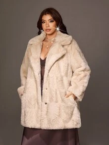 Viva Relle 女款大尺碼法式老錢風時尚設計咖啡棕中長款捲毛人造毛皮大衣，長袖、披肩領、翻領，適合外出、上班、派對、生日、新年、萬聖節、聖誕節 - 杏色 - 查看 4