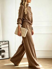 Holdful Holdful Women's Solid Color Long Sleeve Top And Pants Casual Daily 2 Pieces Set - Brown - View 10