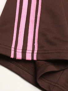 SHEIN 青少年女孩秋冬春季休閒時尚街頭風棕色拼色拼接摺腰側縫織帶裝飾寬鬆寬腿運動長褲 - 棕色 - 查看 9