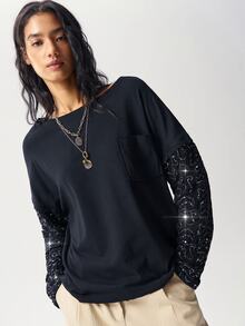 Bohemela Women's Fashion Sequin Patchwork Long Sleeve Pocket Streetwear Sweatshirt - Black - View 2