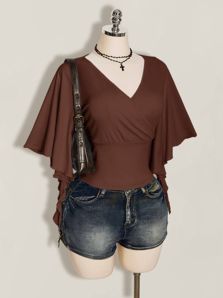 SHEIN ICON Women's Plus Size Criss-Cross V-Neck Ruffle Sleeve Casual T-Shirt - Coffee Brown - View 5