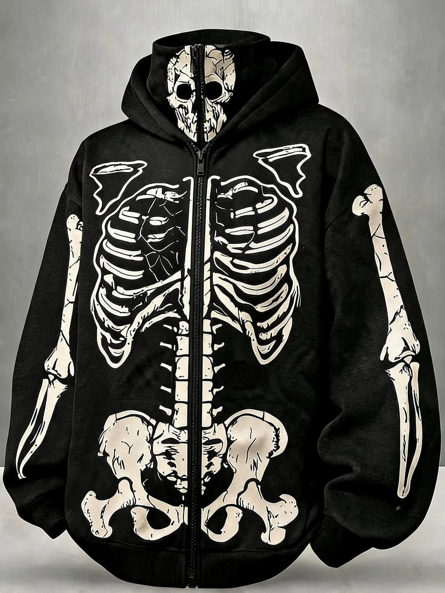 SHEIN Sweatshirt Streetwear Techno Hitam Ukuran Besar untuk Remaja Laki-laki, Kerah Dua Lapis Gaya Kolegiat, Musim Dingin, Kembali ke Sekolah, Halloween, Hari Orang Mati, Pesta Rave - Hitam - View 1