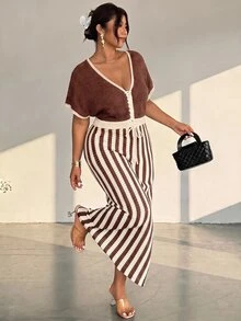 Firerie Plus Size Vintage Vacation Drawstring Tie Contrast Color Knit Dress - Coffee Brown - View 6