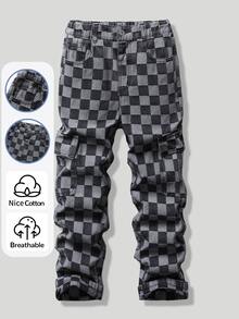 SHEIN Vacaura 青少年男孩牛仔褲 秋冬新款街頭黑白格紋工裝風黑色水洗 - 黑與白 - 查看 3