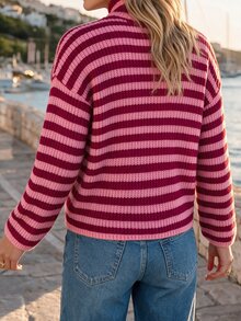 Sylviya Cardigan Rajut Wanita Kasual dengan Resleting dan Motif Garis-Garis Warna-warni - MultiWarna - View 2