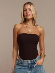 SHEIN BAE بودي سوت بدون حمالات مبطن بلون بني سادة للخريف/الشتاء، بودي سوت أنيق بتصميم بسيط عصري - بني - مشاهدة 4
