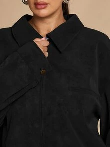 SHEIN BAE CURVE 大尺碼女款街頭時尚拉鍊長袖街頭夾克外套 冬季 - 黑色 - 查看 9