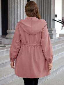 SHEIN LUNE Áo khoác casual tay dài có mũ, khóa kéo trước, màu trơn, size lớn, quần áo mùa thu - Bụi hồng - Xem 2
