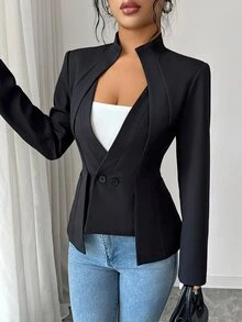 Omancia Women's Black 2 In 1 Notch Lapel Slim Fit Office Blazer - Black - View 6