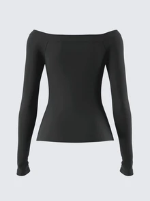 SHEIN BASICS 女款休閒純色露肩長袖修身正裝上衣 海軍藍女式上衣 - 深灰色 - 查看 3