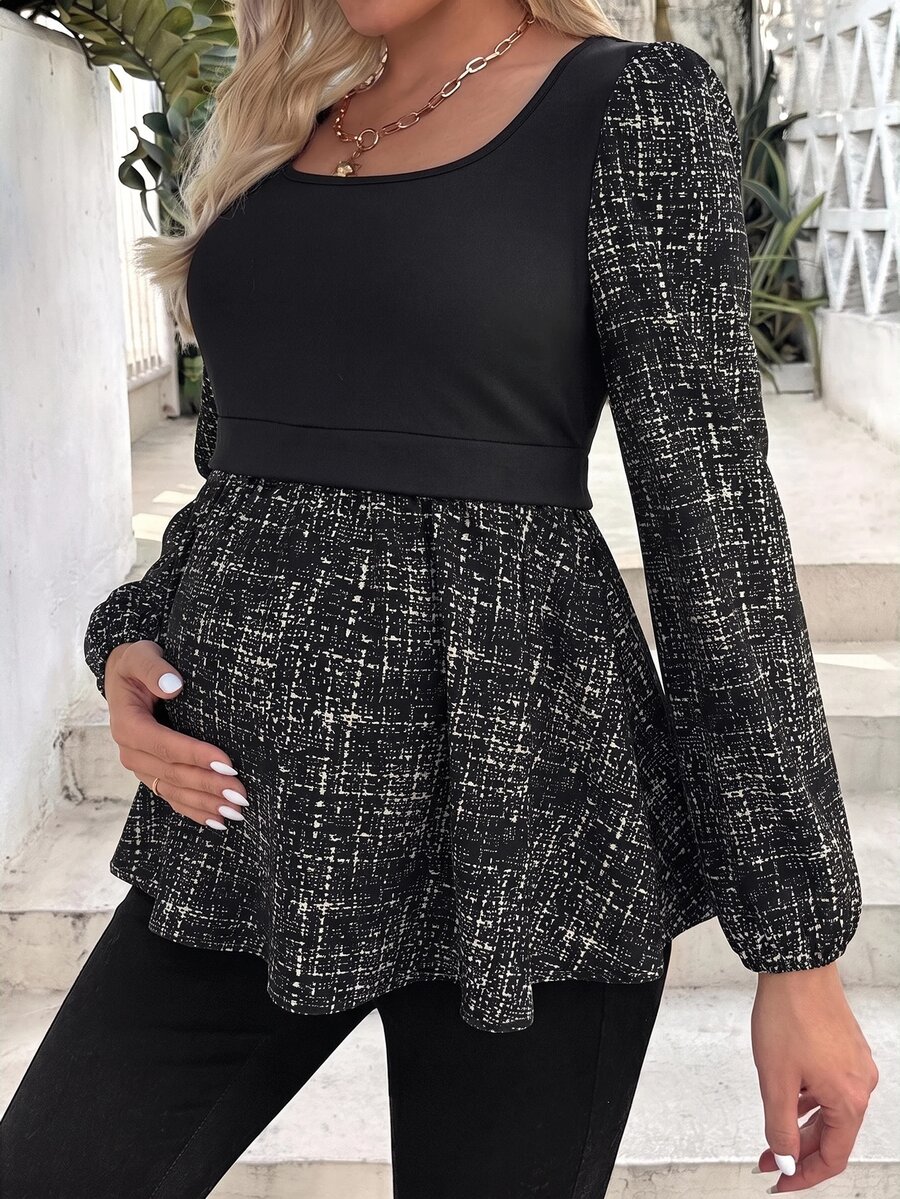SHEIN قميص كاجوال للحوامل بتصميم رقعات مربعات وياقة دائرية وأكمام طويلة للخريف - الأسود - مشاهدة 1