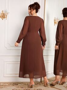Modelyn Women's Elegant Gentle Style Round Neck High Waist Cross Knot Cinched Waist Draped Flowy Soft Plus Size Dress - Coffee Brown - View 2
