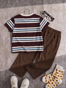 SHEIN Kids Young Boy Striped Crew Neck Short Sleeve T-Shirt And Long Pants Casual Set - Multicolor - View 2