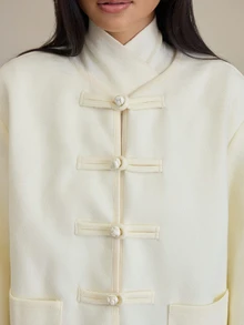 COSMINA Women's Casual New Chinese Style Oriental Long Sleeve Frog Button Tweed Jacket, Suitable For Daily Wear, Dating And Gathering - White - View 5
