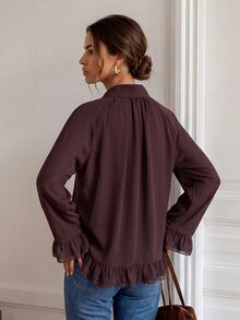 Easowa Stand Collar Ruffle Loose Chiffon Blouse, Casual Relaxed Elegant Commute Old Money Style Autumn/Winter Women's Shirt - Chocolate Brown - View 5