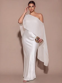 SHEIN BAE CURVE 大尺碼女款優雅長版不對稱單肩洋裝 - 白色 - 查看 7